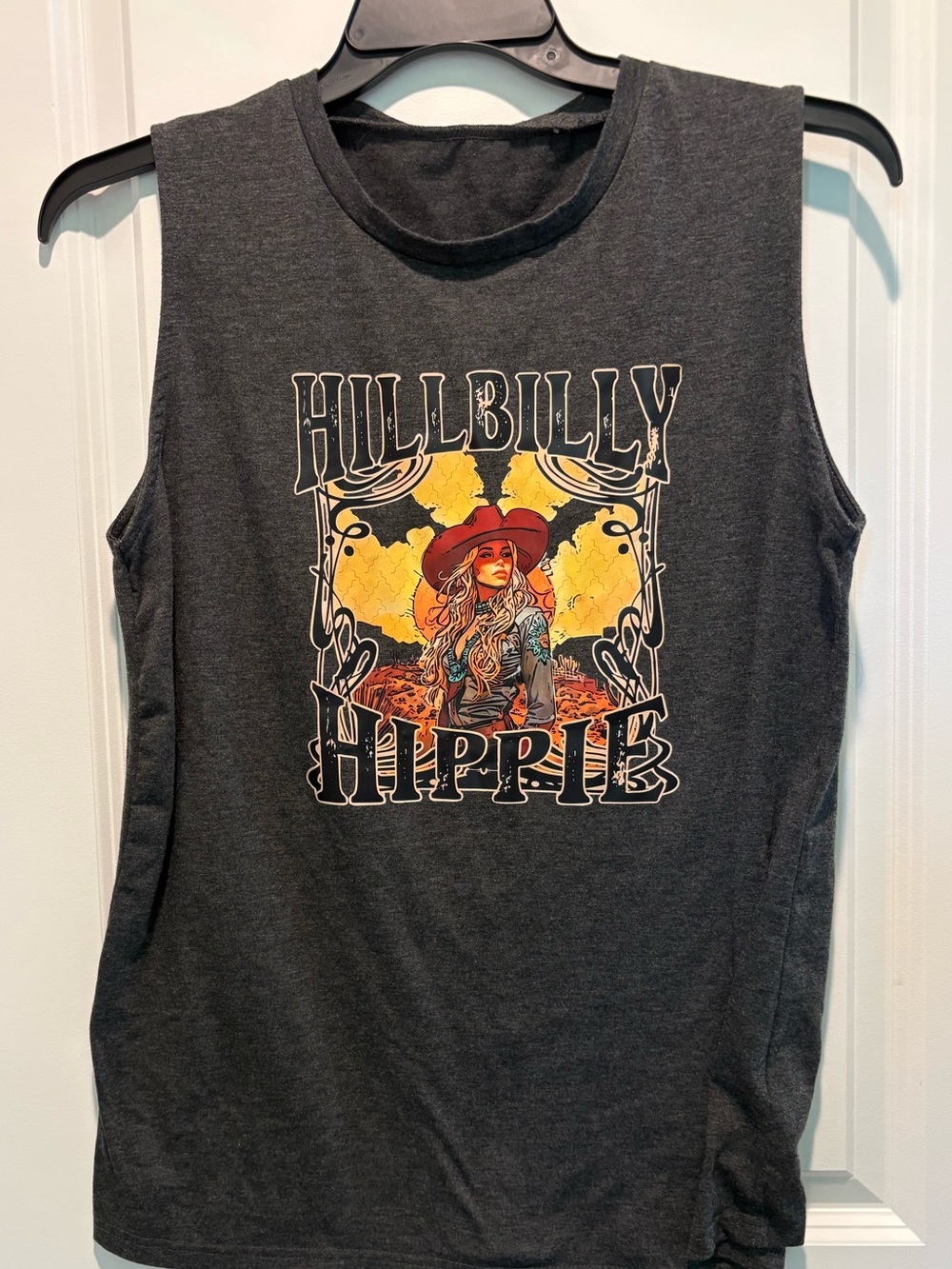 Hillbilly Hippie Graphic Muscle Tee - Charcoal with Sunset Print SZ-XL